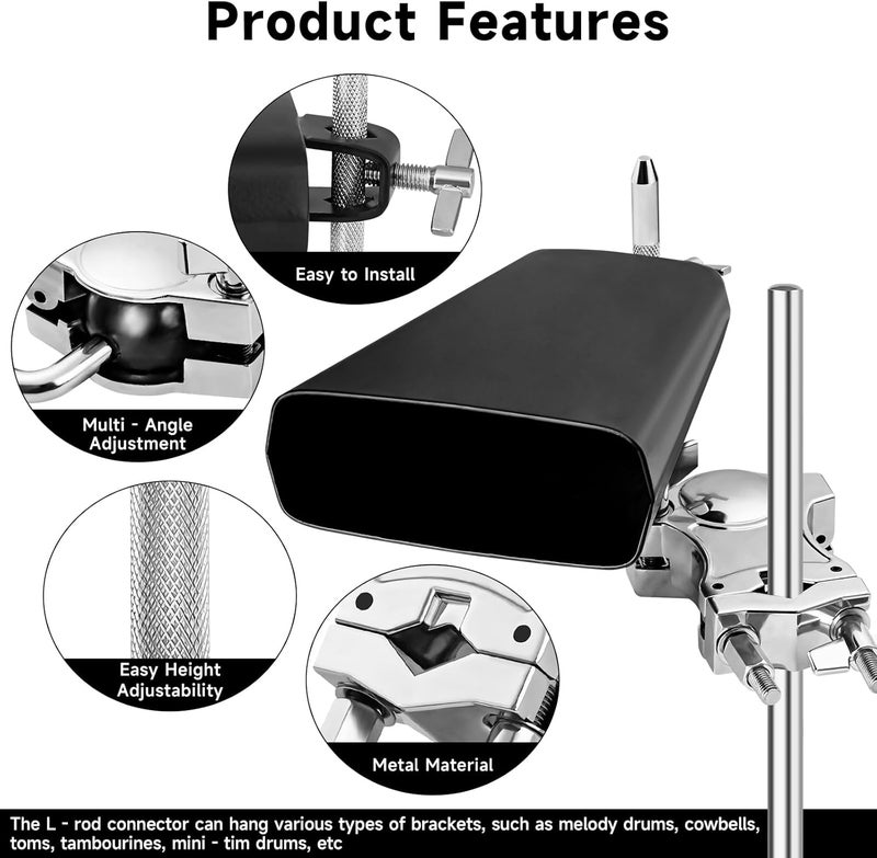 BALLMENT 7 Inch Cowbell with L-Rod Clamp Set, Cowbell for Drum Set, Adjustable Mount Bracket, Black Steel Cow Bell for Drum Sets, Percussion Instrument, Sports, Bands, Includes Stick - Image 2